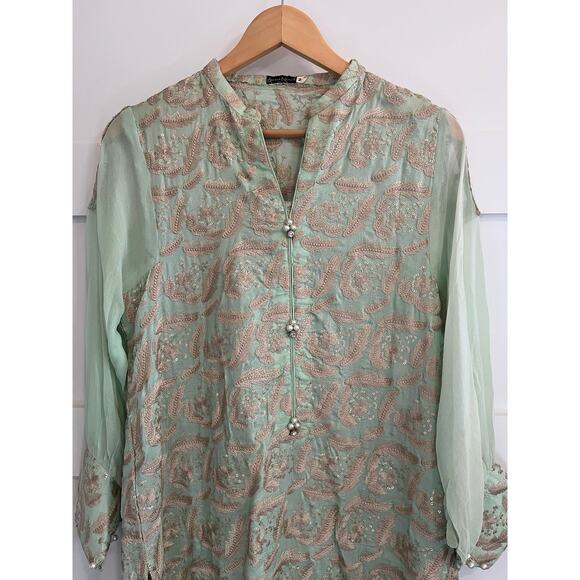 Agha Noor Embroidered Pearl Accents Chiffon Light Green Pistachio Top Sz Medium - Picture 3 of 10